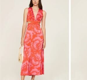 Thakoon Red Pink Satin Floral Midi Dress Size 6 Tropical Cutout Vacation $375